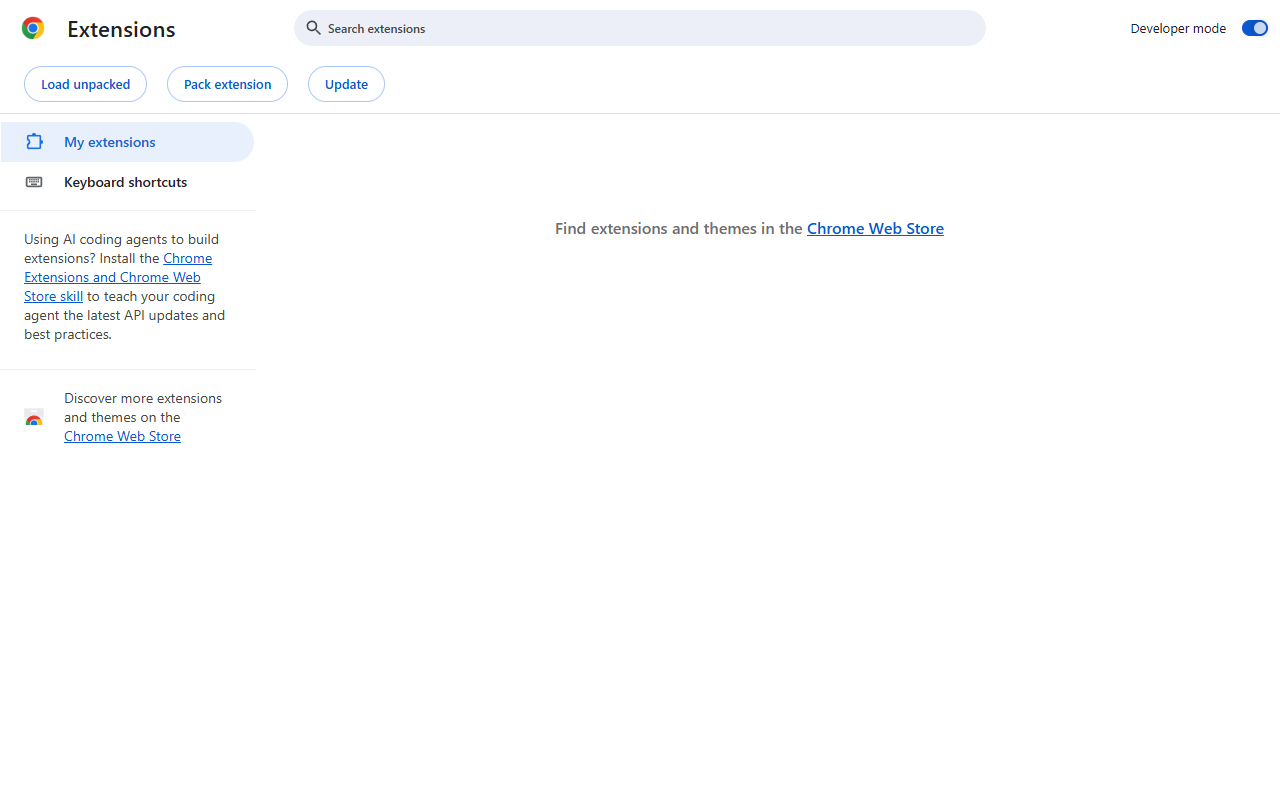 Chrome’s Extensions page with Developer mode enabled. Choose Load unpacked and select the extracted Swoopset folder.