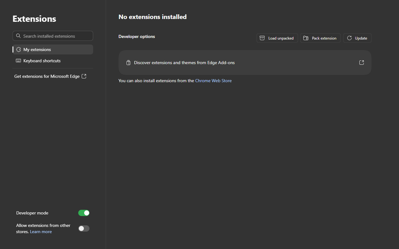 Microsoft Edge’s Extensions page with Developer mode enabled. Load unpacked installs the extracted Edge build.