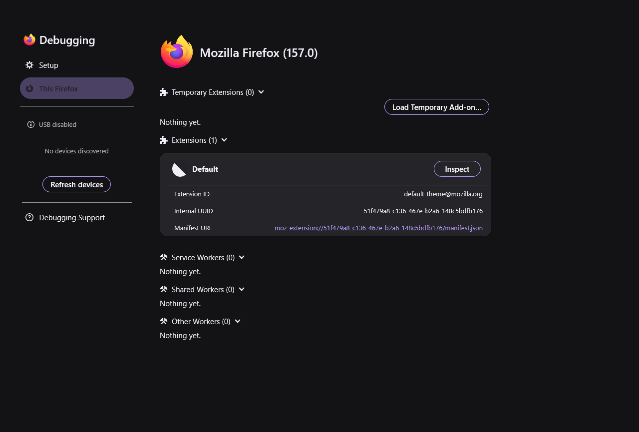 Firefox’s This Firefox page. Load Temporary Add-on lets you select manifest.json from the extracted download.